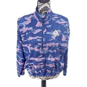Reebok Womens Essential Blue Indigo Printed Quarter Zip Windbreaker with Pockets